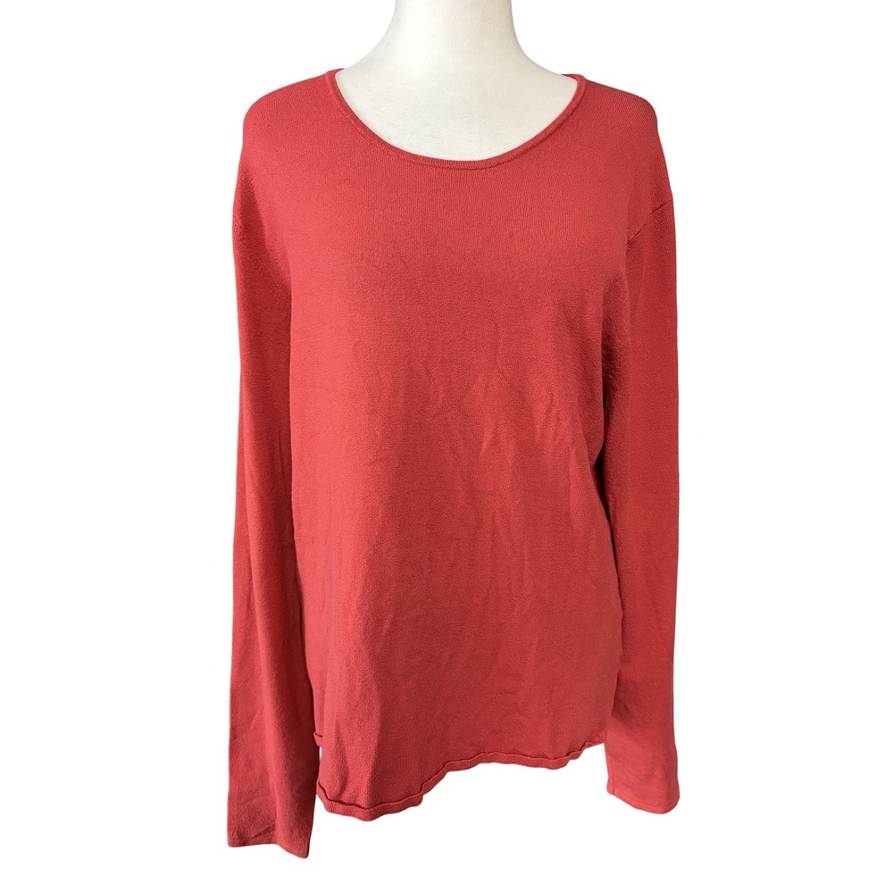 Eileen Fisher T Shirt Womens L Red Scoop Neck Long Sleeve Stretch Knit Top